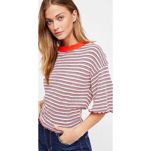 Free People Red and White Striped Short Sleeve Tee
